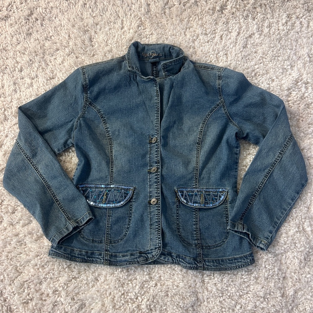 Sequin-Trim Blue Denim Jacket